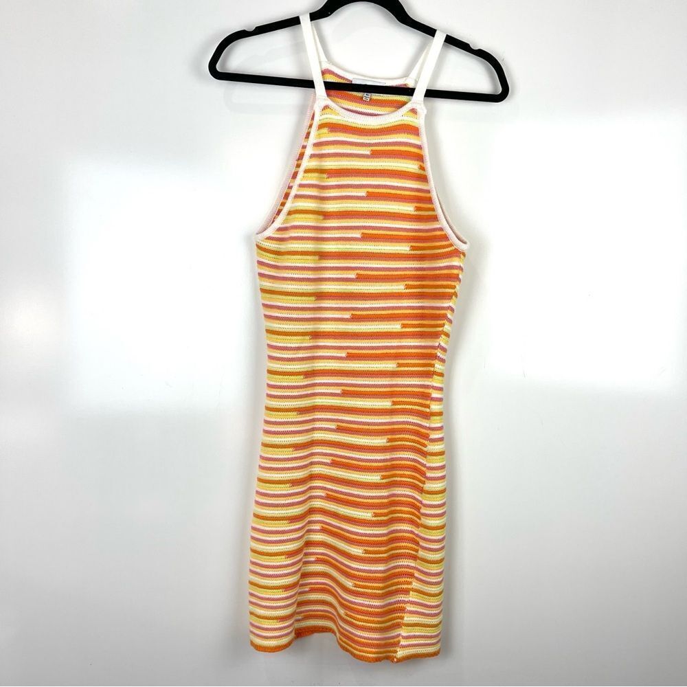 ACOA Orange Striped Knit Halter Mini Dress Sleeveleess Women's Size XL